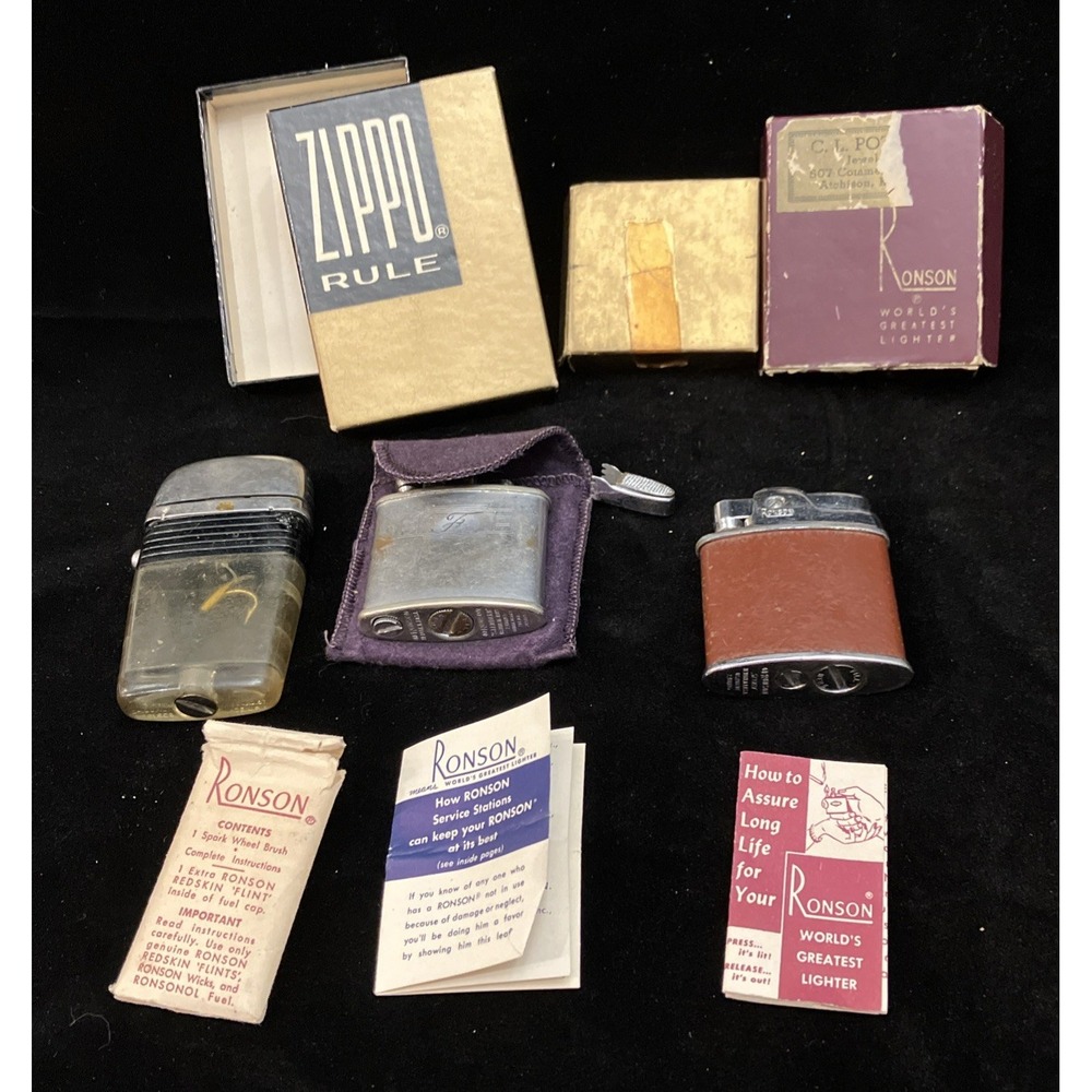Lot of 3 VTG Lighters 2 Ronson w/ Box Pouch 1 Scripto in Zippo Box US Made